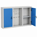 Gabinete de herramientas metálico azul con puertas y panel perforado para colgar