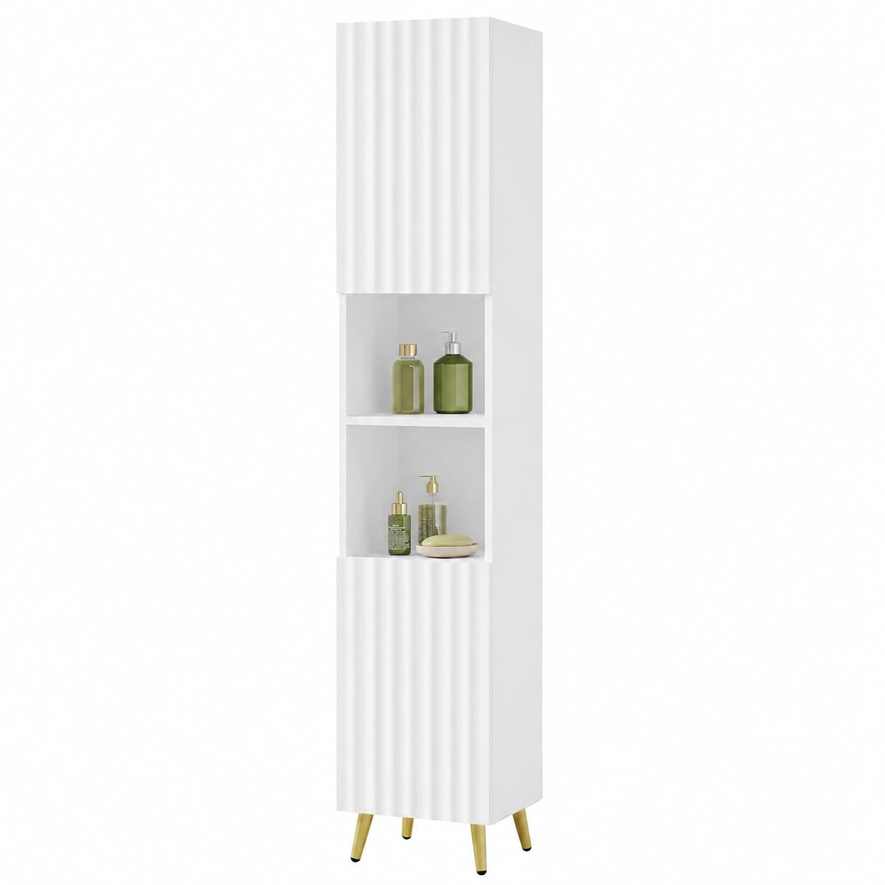 Armario de Baño Blanco con Estante Ajustable y Puertas Doradas, 30x28x180 cm