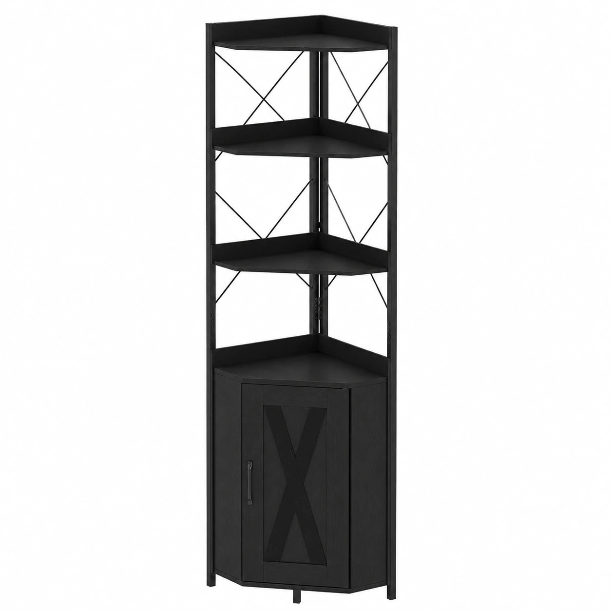 Estantería Esquinera de 6 Niveles con Puerta y Estantes Abiertos, Diseño Estable con Kit Antivuelco, 38x38x180cm, Ideal para Salón y Dormitorio (Negro)