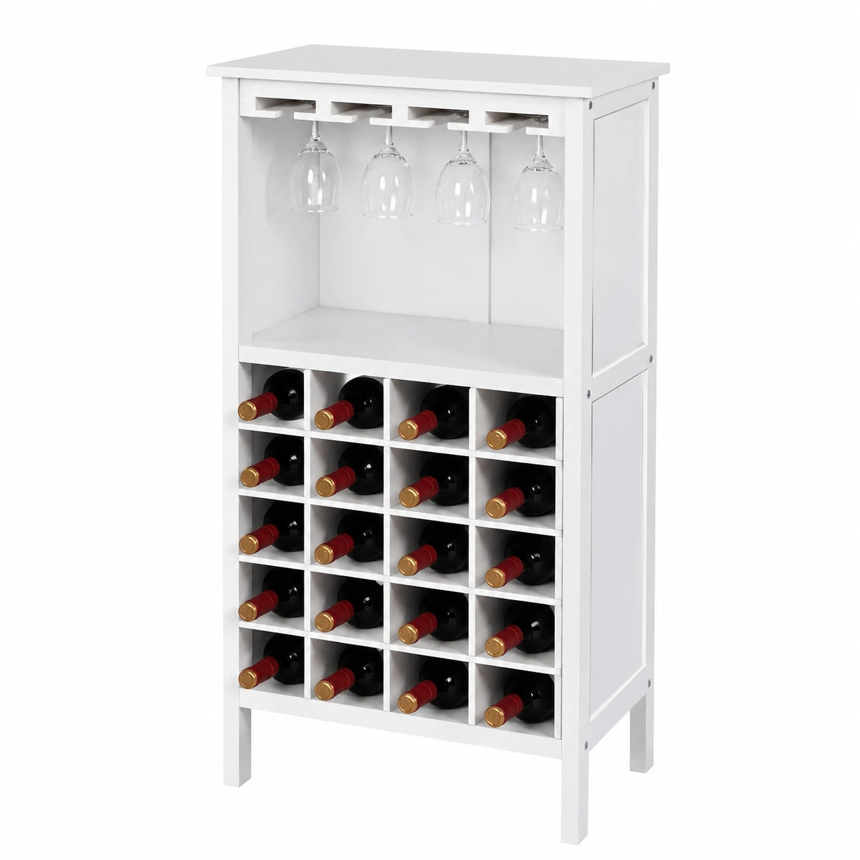 Botellero de Madera para 20 Botellas con Soporte de Copas, Mueble de Vino para Cocina y Bar, Blanco